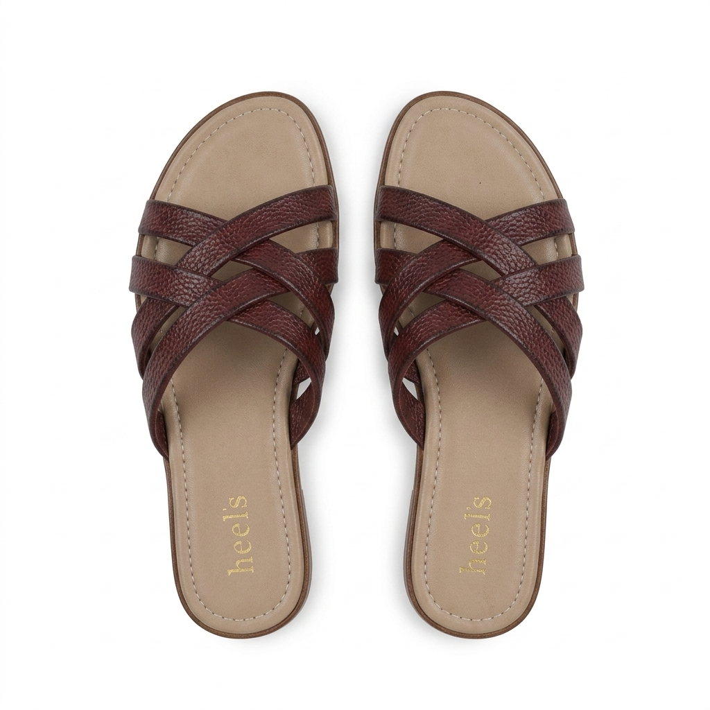 Woven Leather Flat Slides Maroon - Top View