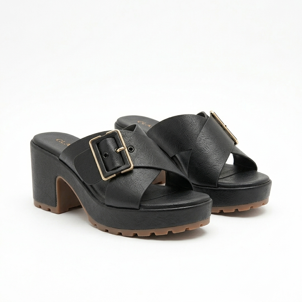 Nysa Chunky Platform Cross Peep Toe Heels