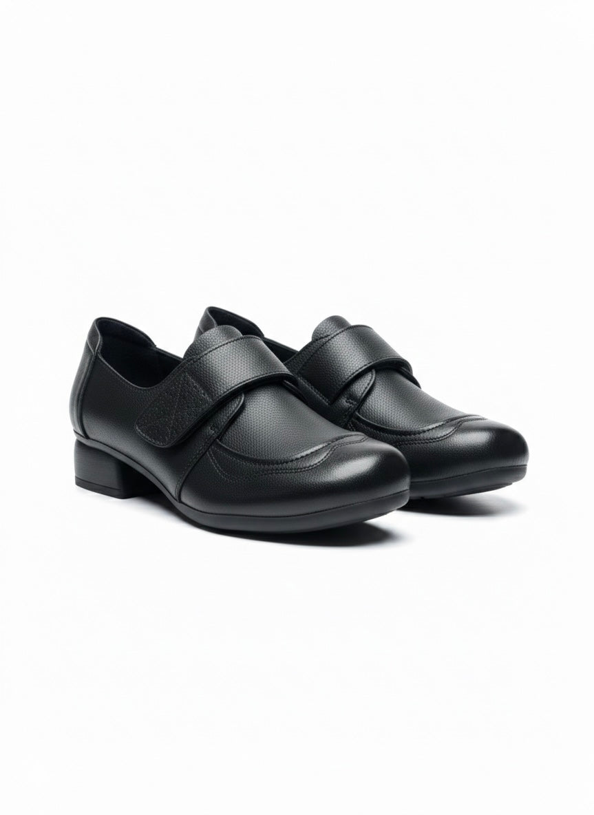 Sasha Premium Leather Velcro Strap Mid Heel Loafers