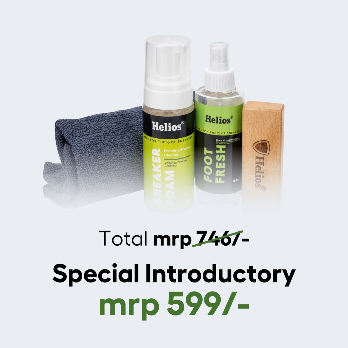 HELIOS ADVANCED SPORT & SNEAKER CLEANER KIT WITH MICRO FIBER CLOTH & FOOT FRESH.