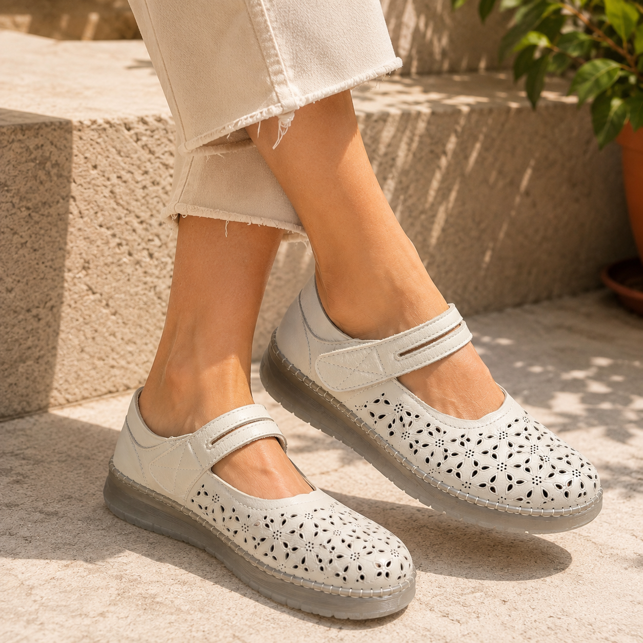 Crimson Leather Velcro Strap Perforated Cushioned Loafers