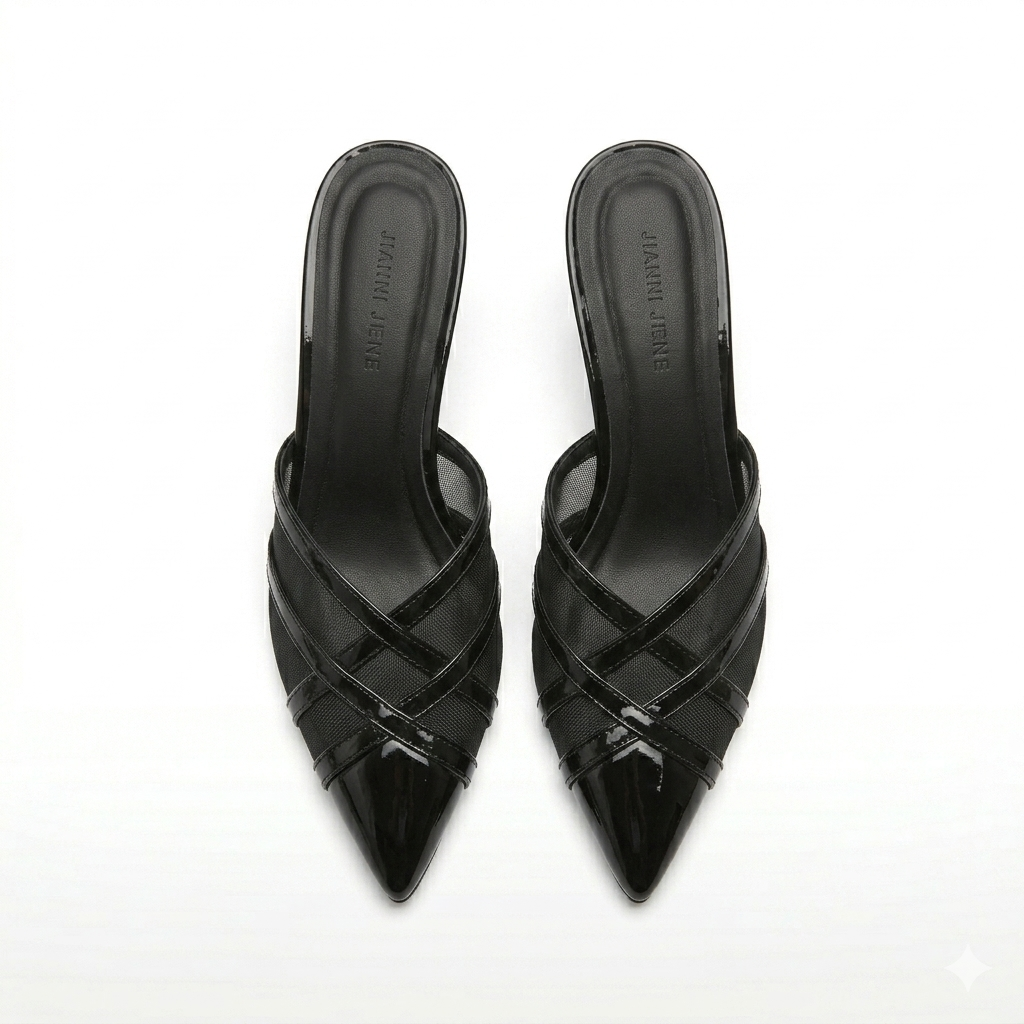 Audrey Criss Cross Back Open Mesh Patent Kitten Heel Mules