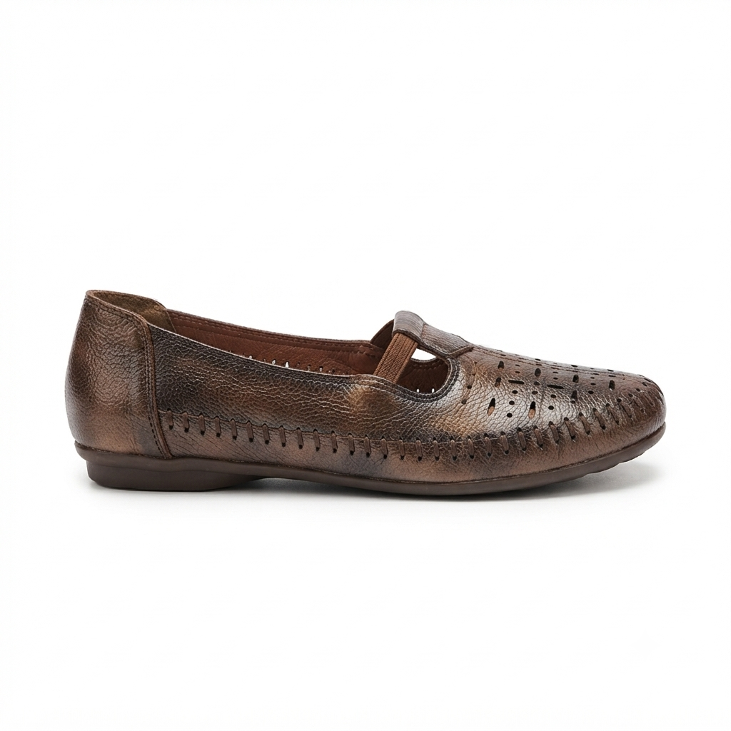 Nida Leather Elastic Perforated Loafers in Rust - The Heels India