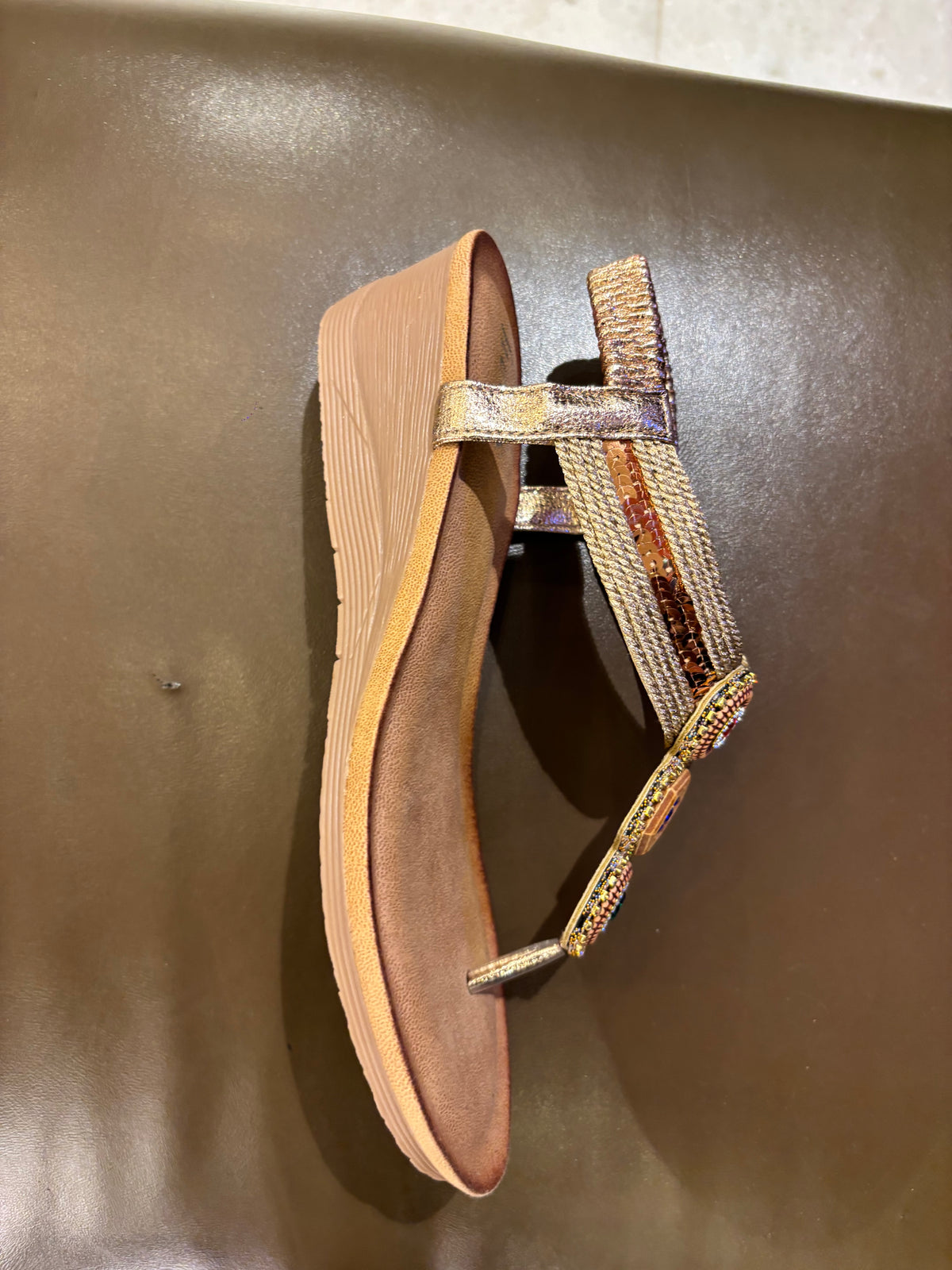 Cynthia Multy Beads Wedge Back Elastic Crochet Sandals in Champagne - The Heels India