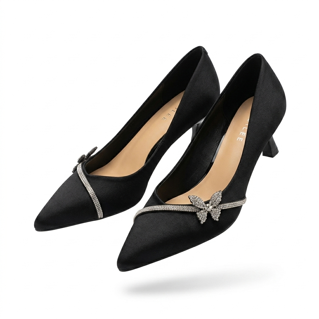 Pointed Toe Kitten Heel Pump with Crystal Butterfly