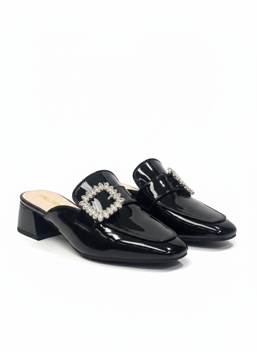 Luna Premium Patent Back Open Block Heel Mules - The Heels India