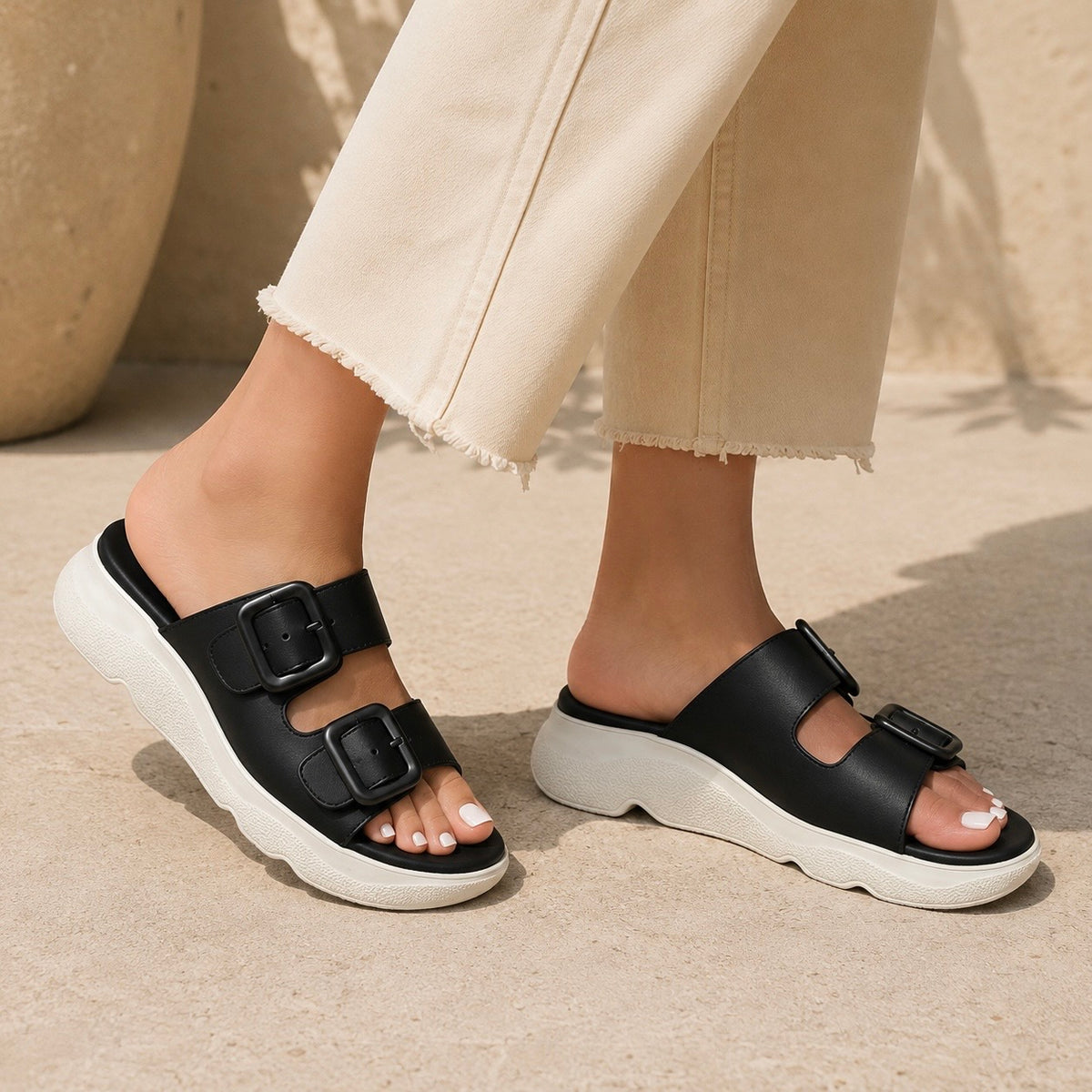 Suzy Lite Comfort Chunky Summer Slippers in Black - The Heels India