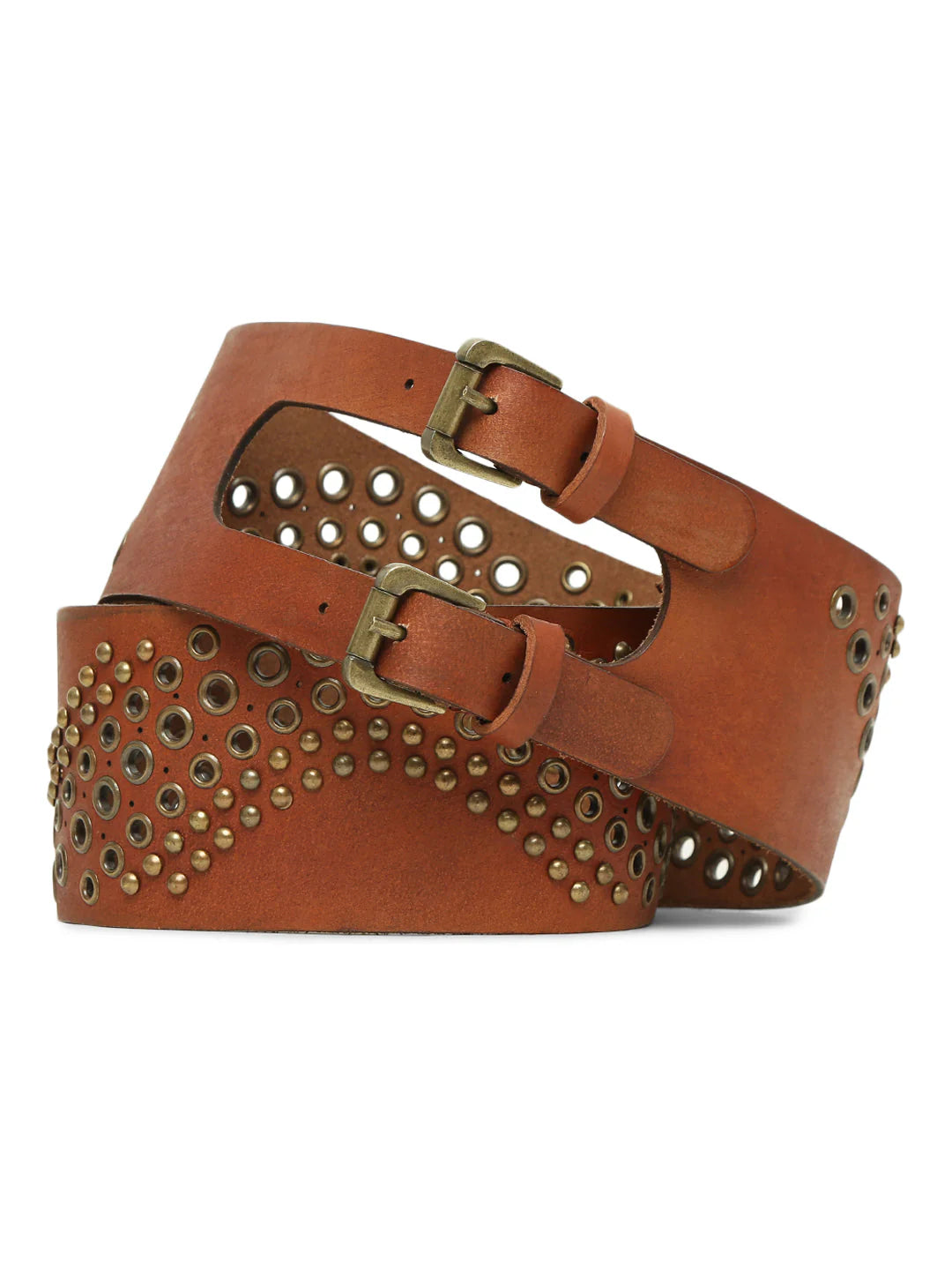 Tan Studded Genuine Leather Belt For Women