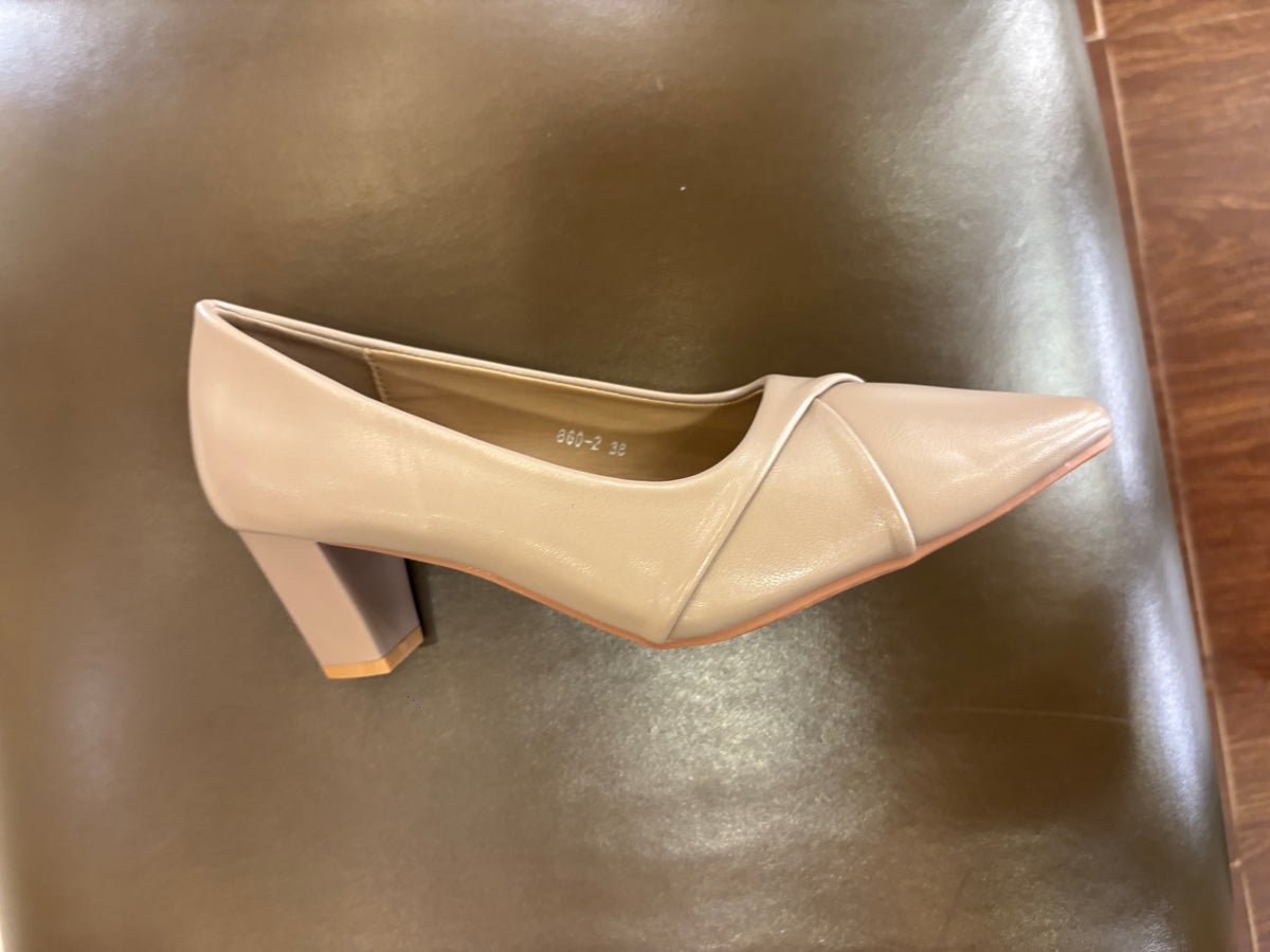 Giulia Swirl Block Heel Pointed Stilettos in Khaki - The Heels India