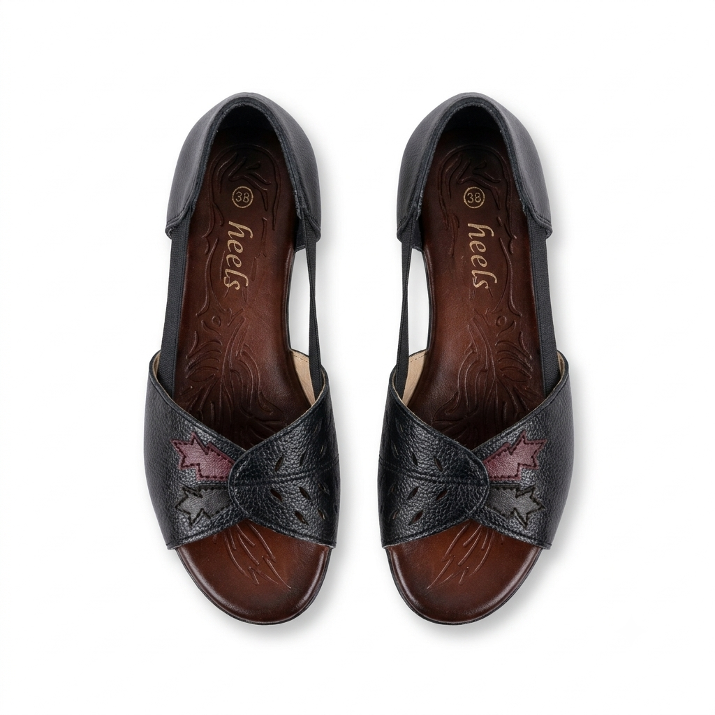 Autumn Leather Peep Toe Side Elastic Ballerinas in Black - The Heels India