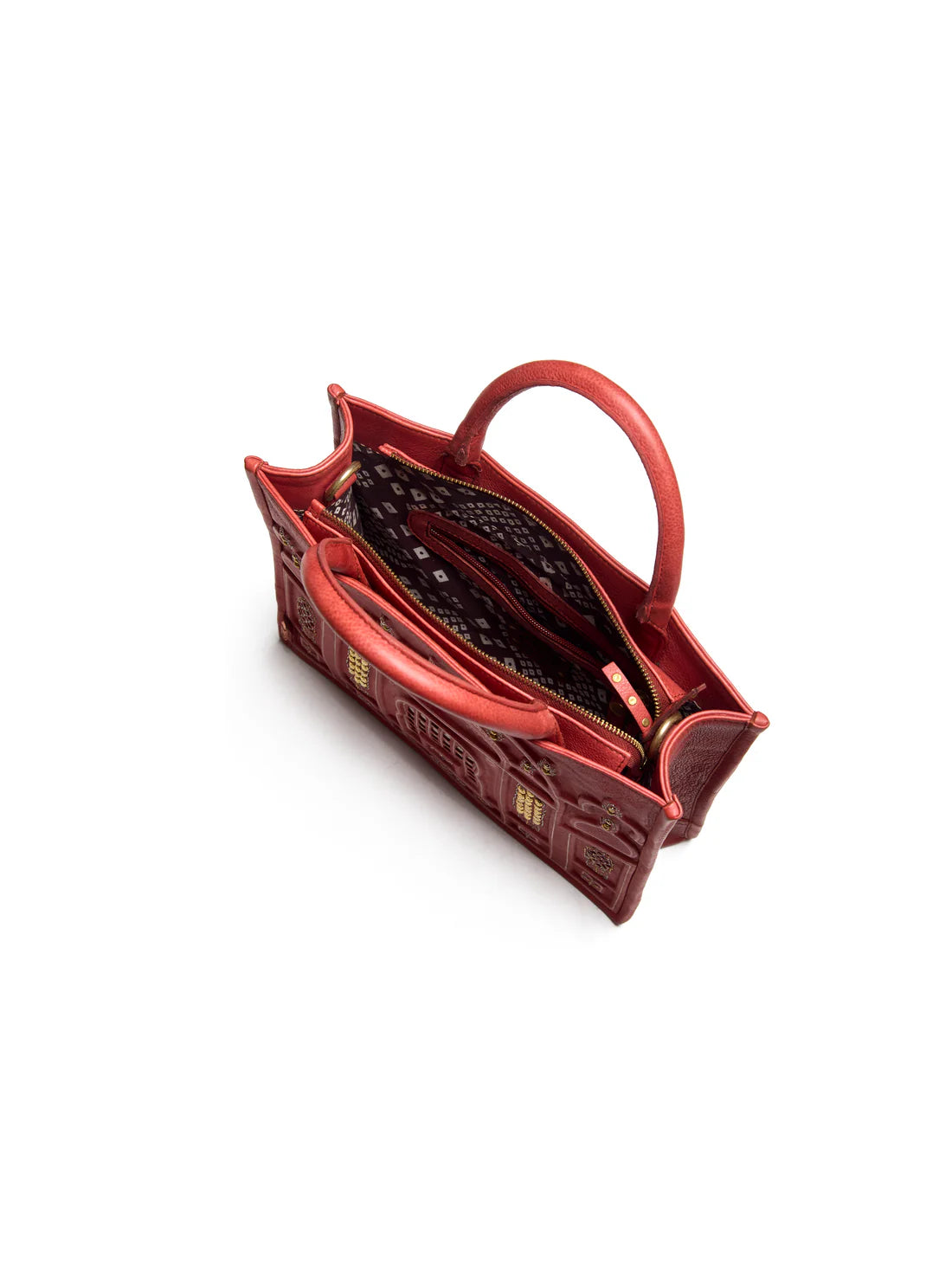Hawa Mahal Embossed Leather Tote Bag - Vibrant Red