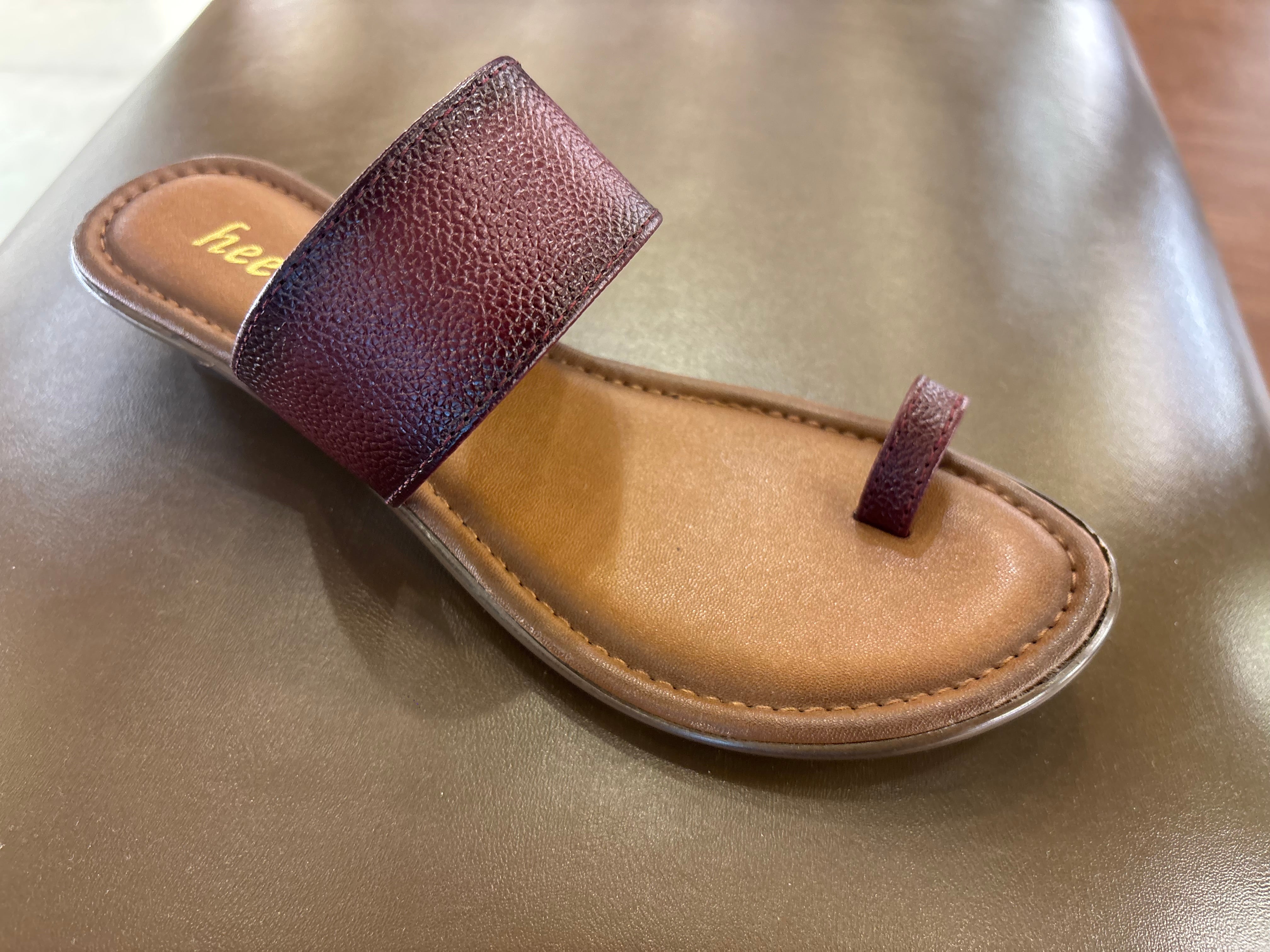 Welma Thumb Strap Leather Summer Slippers Maroon - The Heels India