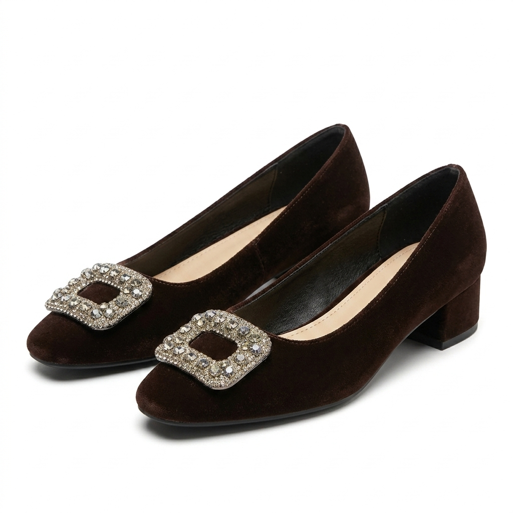 Eilish Velvet Block Heel Bling Pumps
