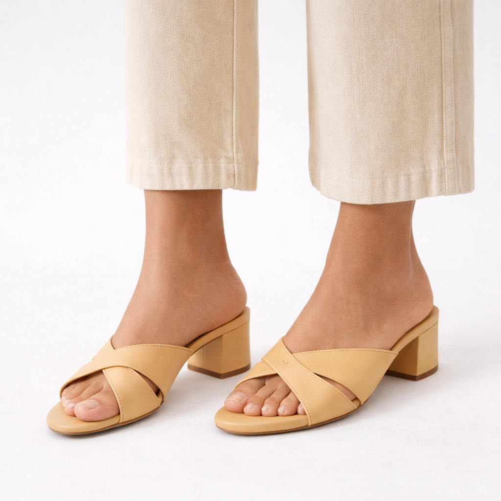 Josie Premium Leather Cross Peep Toe Block Heels