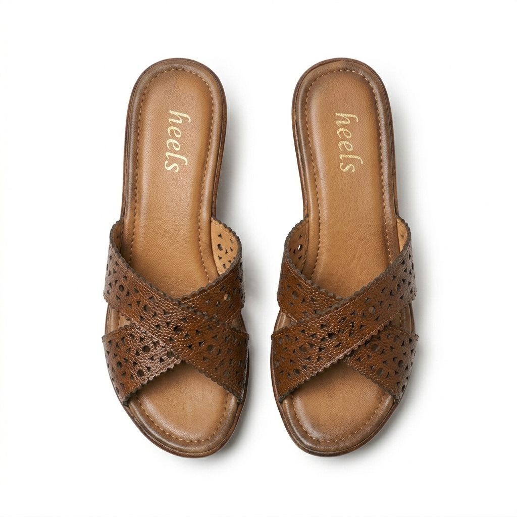 Valencia Laser Cut Perforated Leather Wedge Heel Cross Slippers