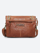 Savio: Leather Embellished Cognac Crossbody Flap Bag