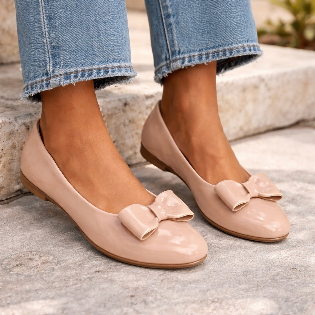 Cherie Cushioned Flat Bow Patent Ballerinas - The Heels India