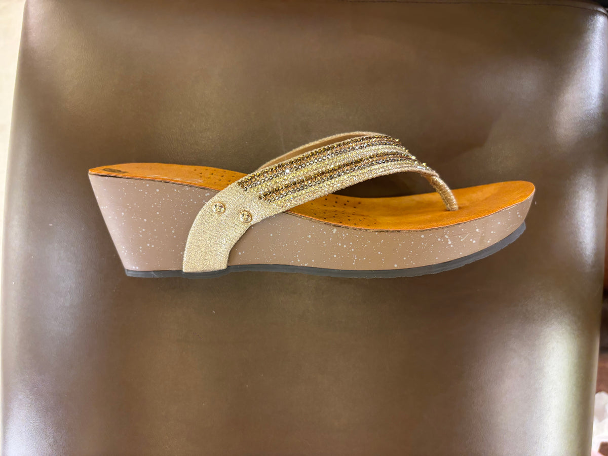 Chloe Bling V Strap Wedge Slippers in Gold - The Heels India