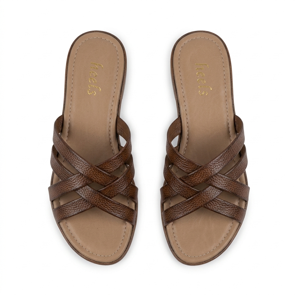 Woven Leather Tan Slides - Woven Detail