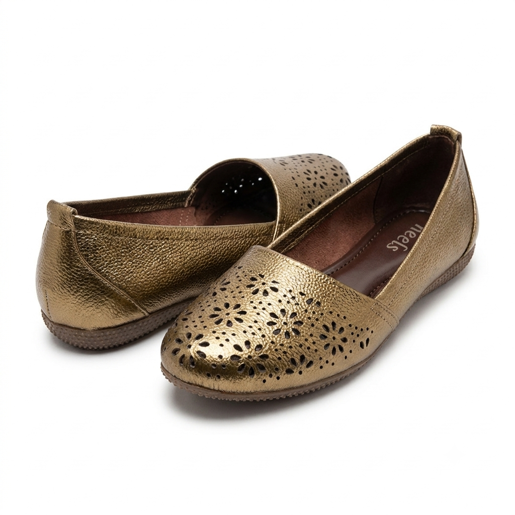 Ellis Leather Perforated Flat Ballerinas in Bronze - The Heels India