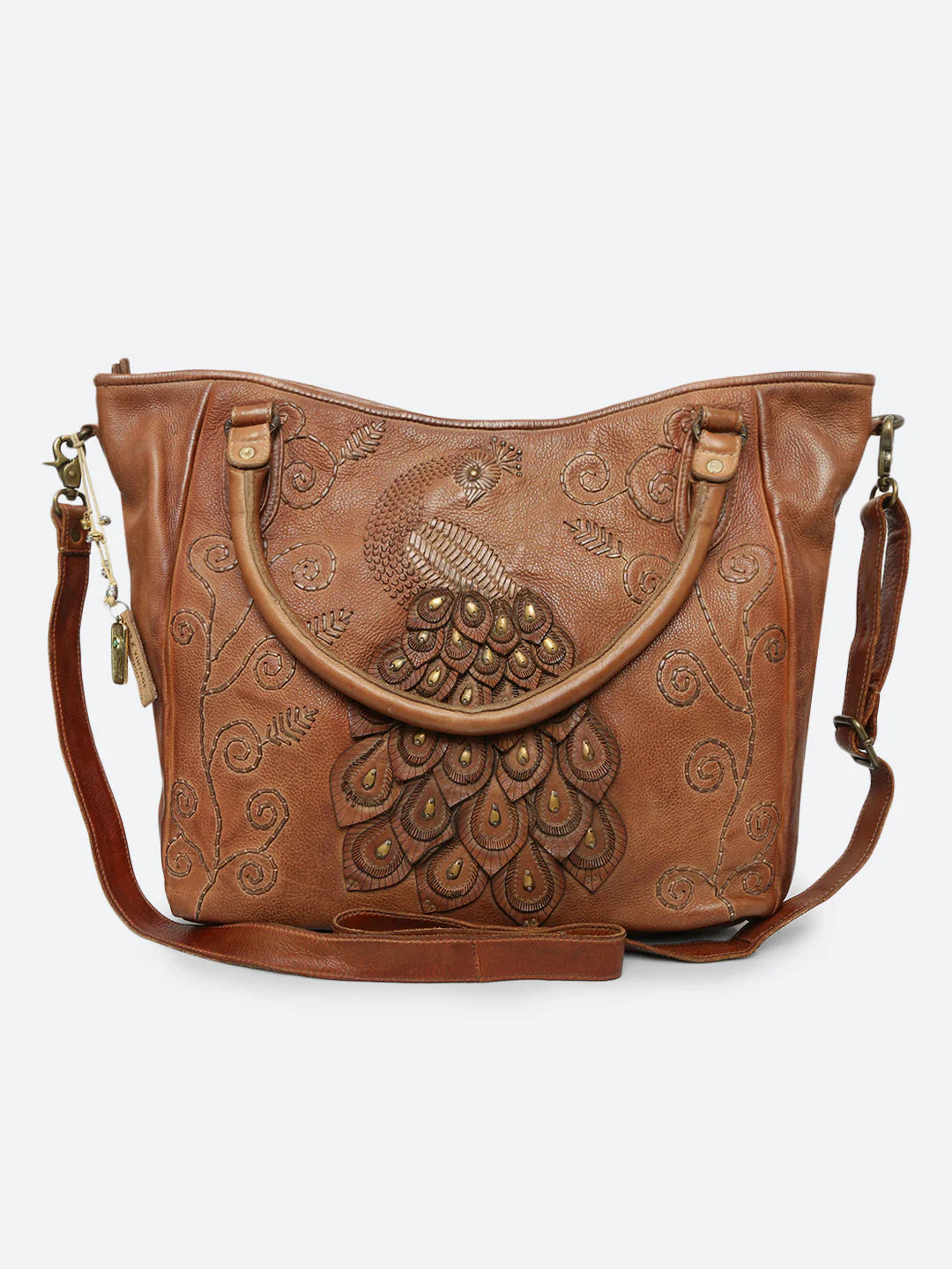 Genuine Cognac Leather Tote Bag with Patch Work