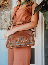 Savio: Leather Embellished Cognac Crossbody Flap Bag