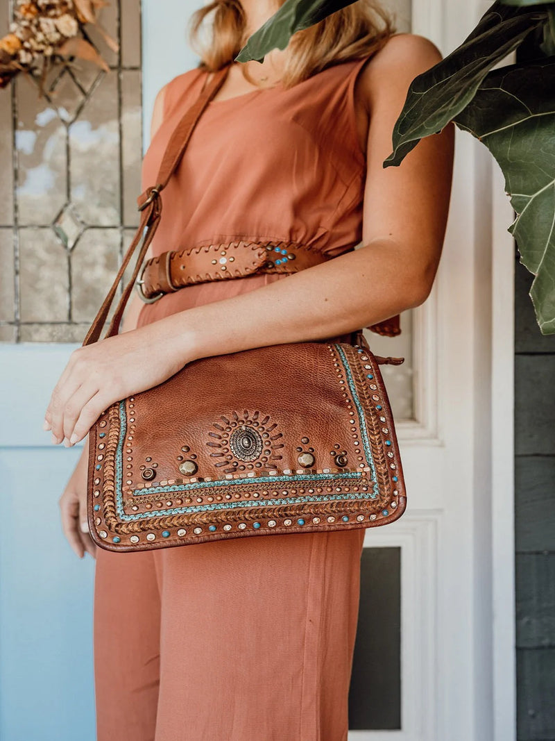Savio: Leather Embellished Cognac Crossbody Flap Bag