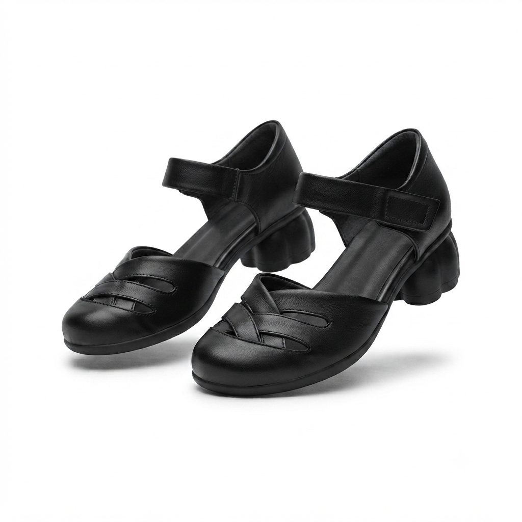 Zoe Leather Velcro Strap Cushioned Block Heel Sandals