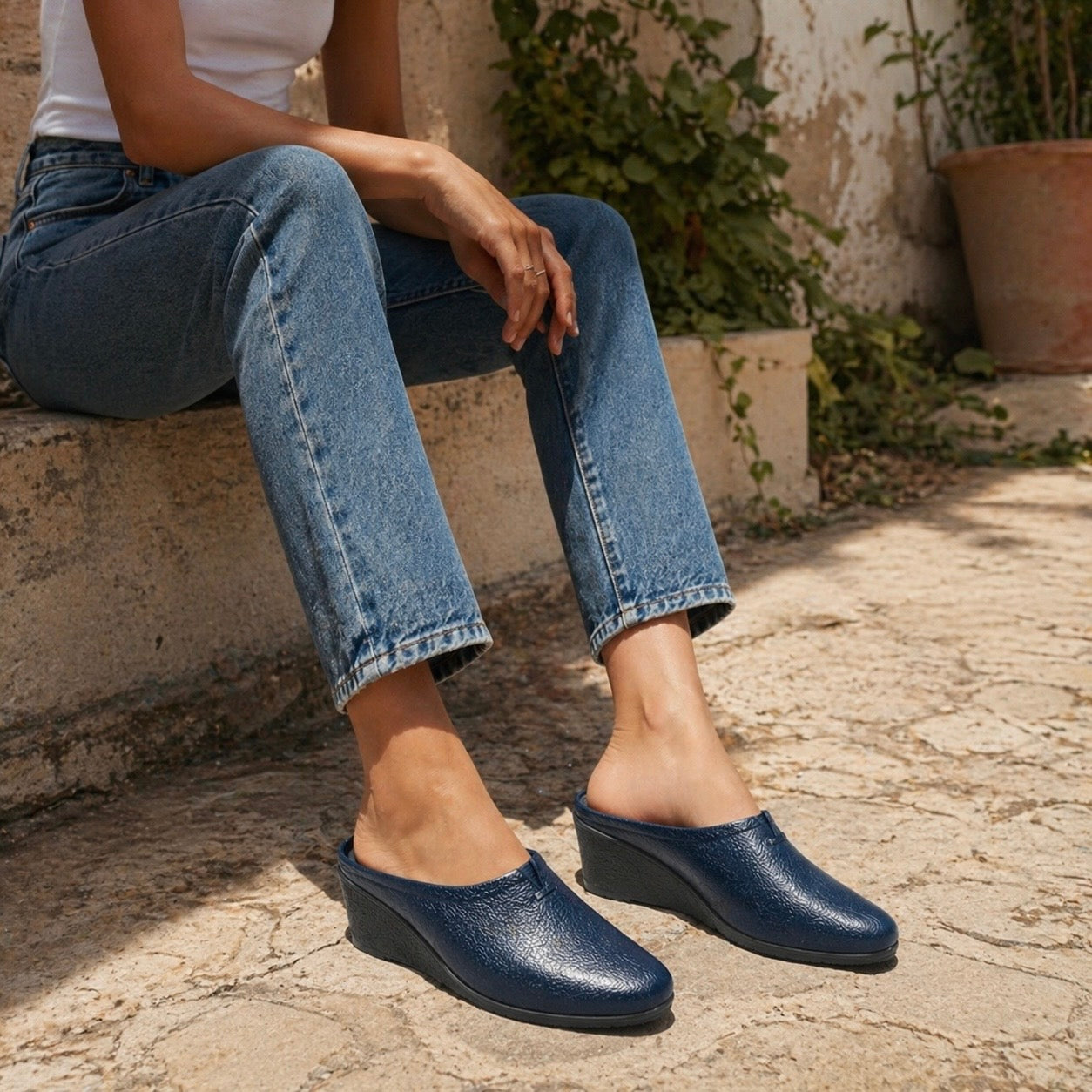 Cherie Leather Back Open Wedge Heel Mules
