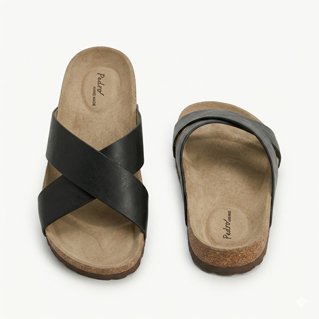 Edward Black Leather Cross Slippers - Top View