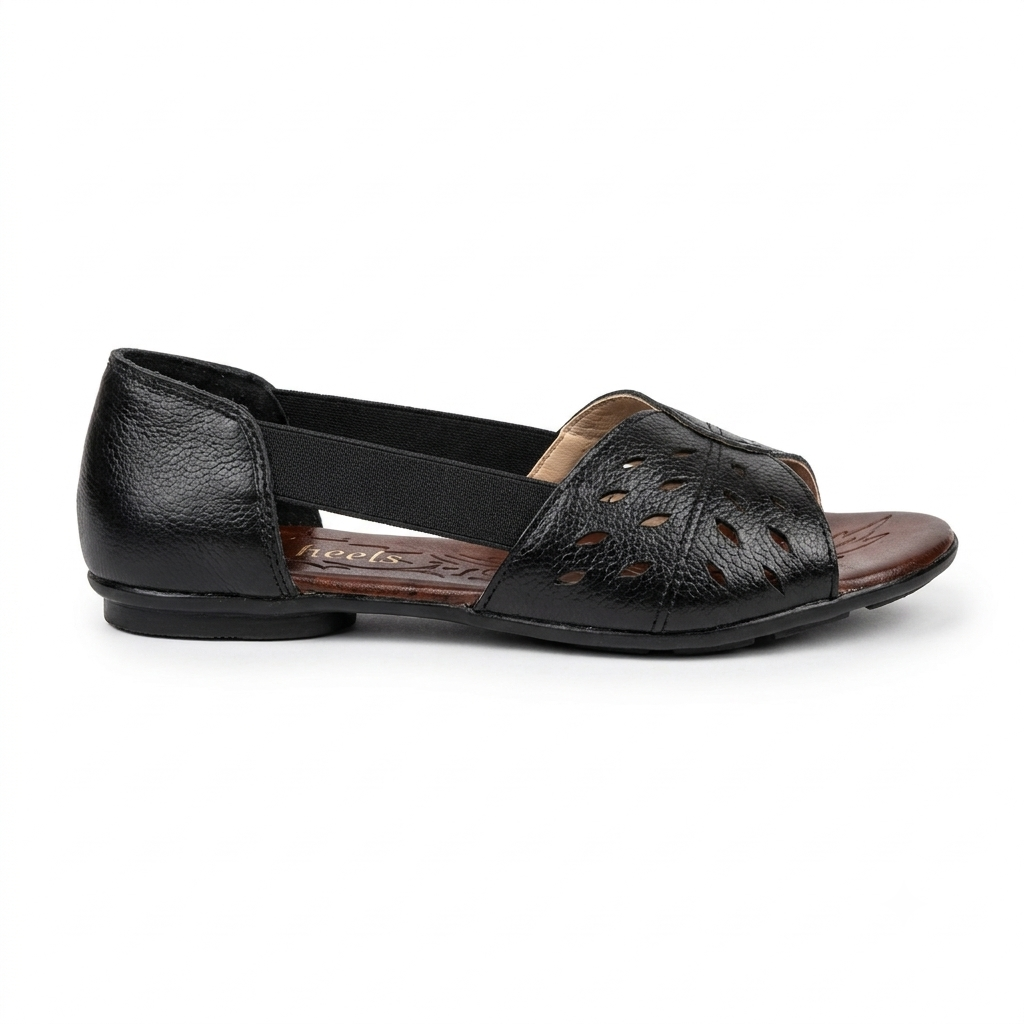 Autumn Leather Peep Toe Side Elastic Ballerinas in Black - The Heels India