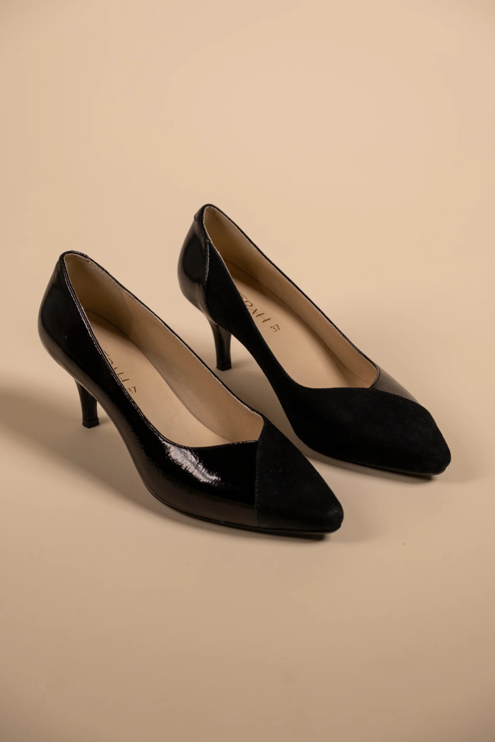 KYLIE Premium Leather Suede / Patent Kitten Heel Pumps - The Heels India