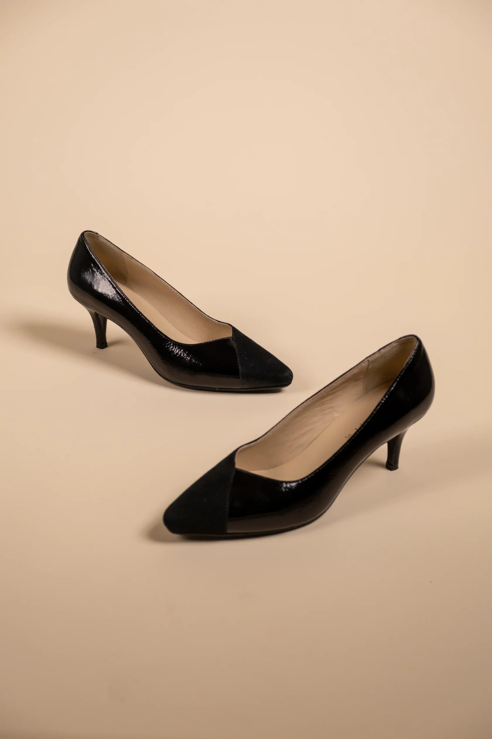 KYLIE Premium Leather Suede / Patent Kitten Heel Pumps - The Heels India