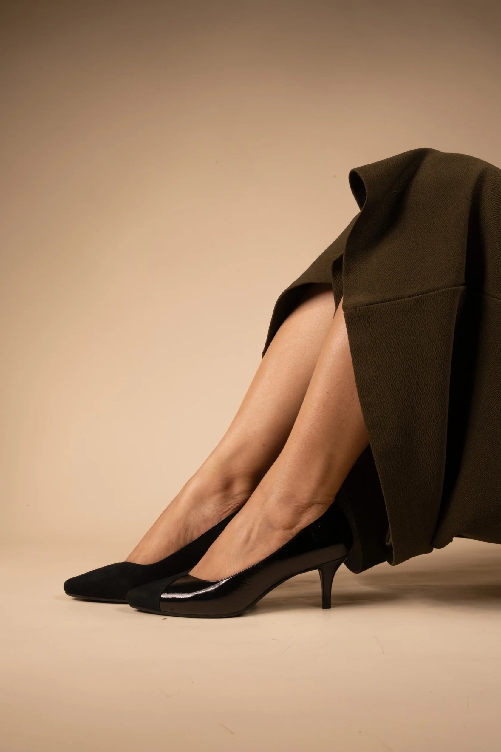 KYLIE Premium Leather Suede / Patent Kitten Heel Pumps - The Heels India