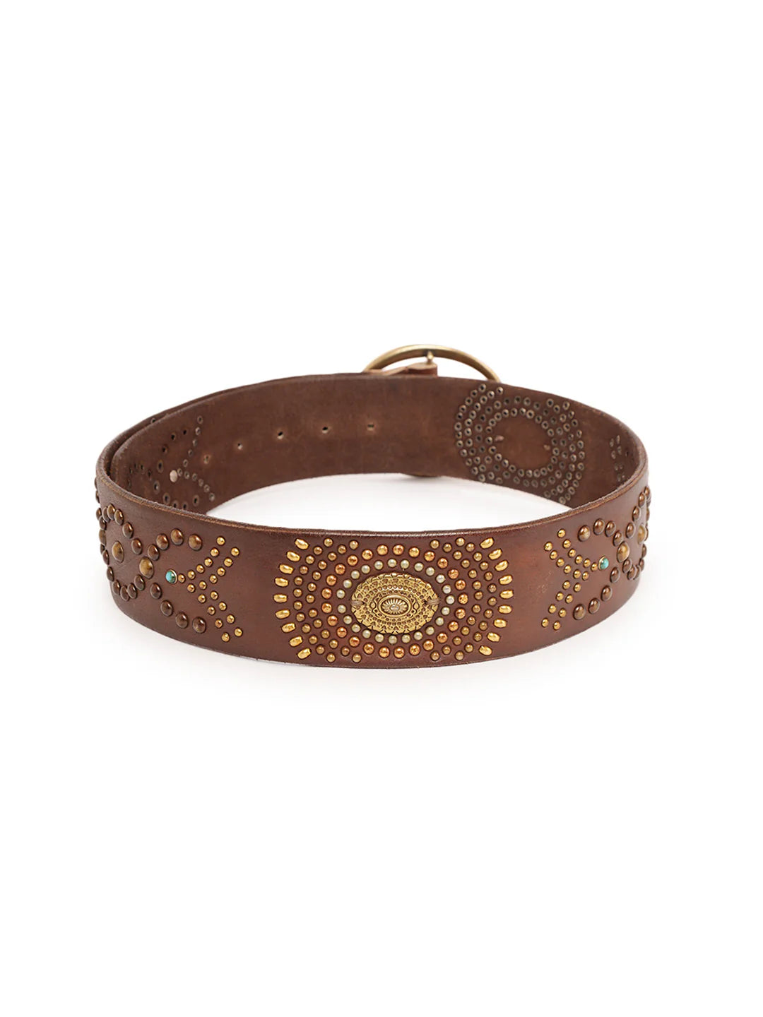 Brown Jewelled Wide Hip Belt in Leather