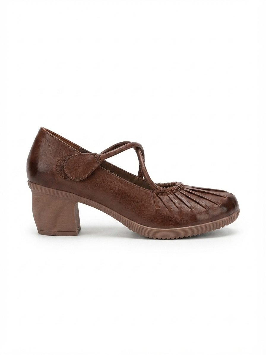 Rihanna Premium Leather Velcro Strap Block Heels