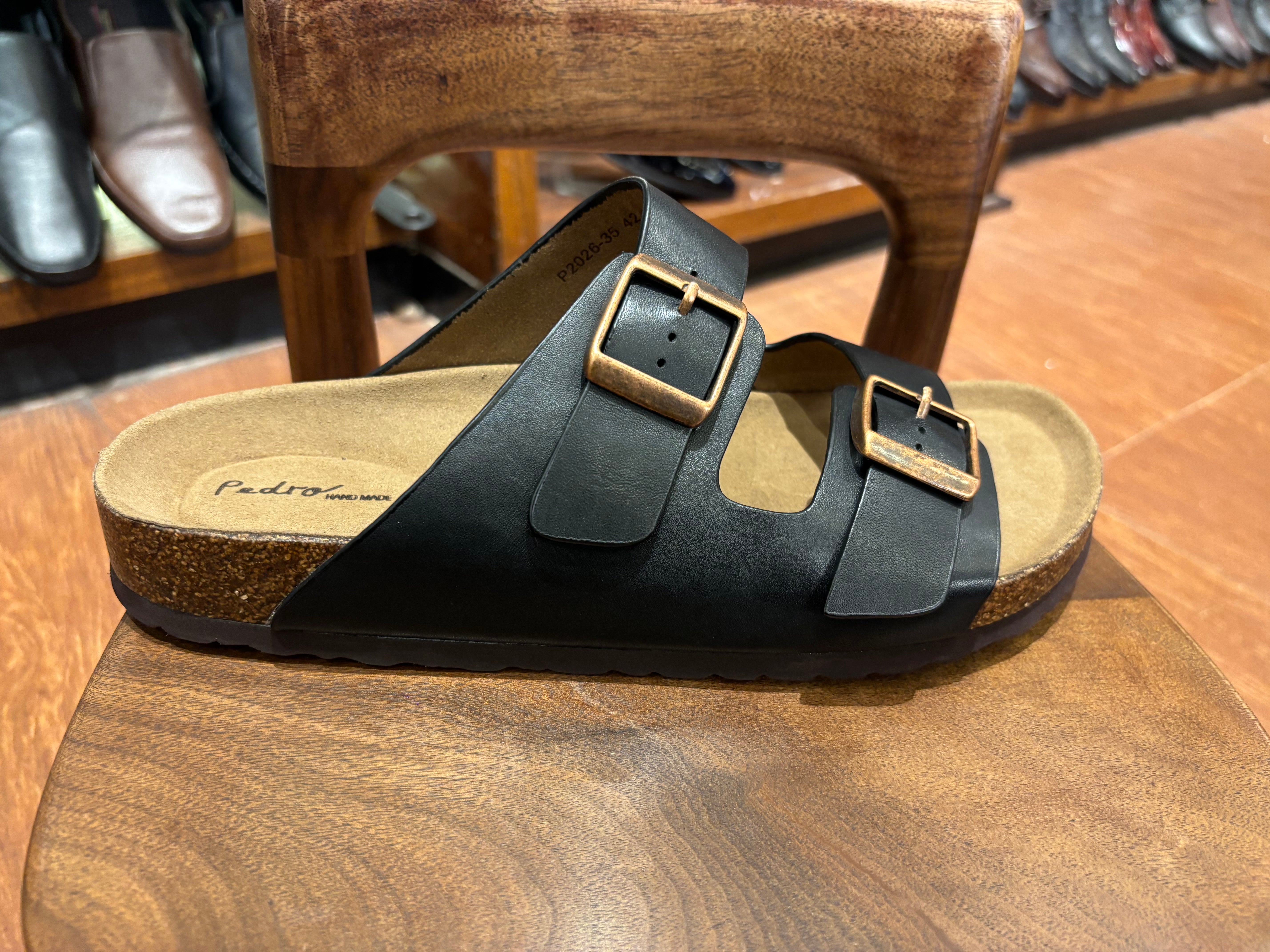Moda Black Cork Slider - Natural Cork Footbed Detail