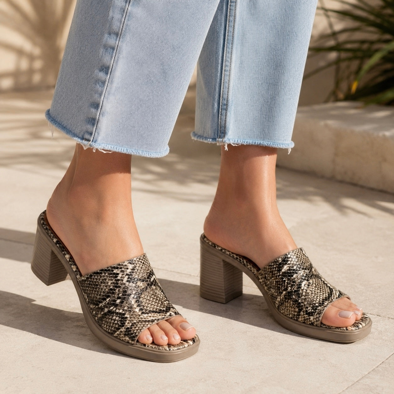 Alba Platform Snake Print Peep Toe Block Heels