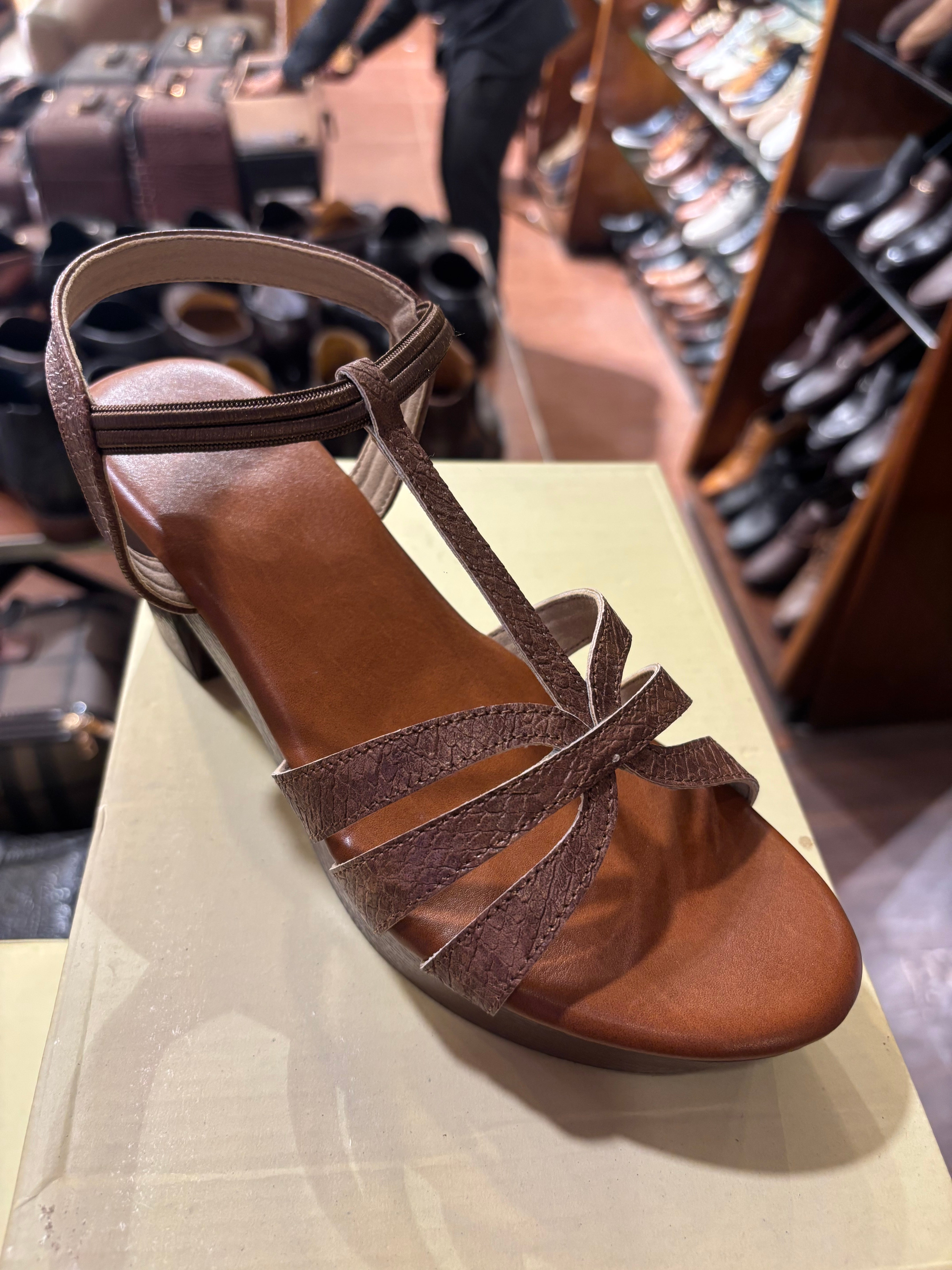 Snake Texture T-Strap Platform Block Heel Sandal – Brown