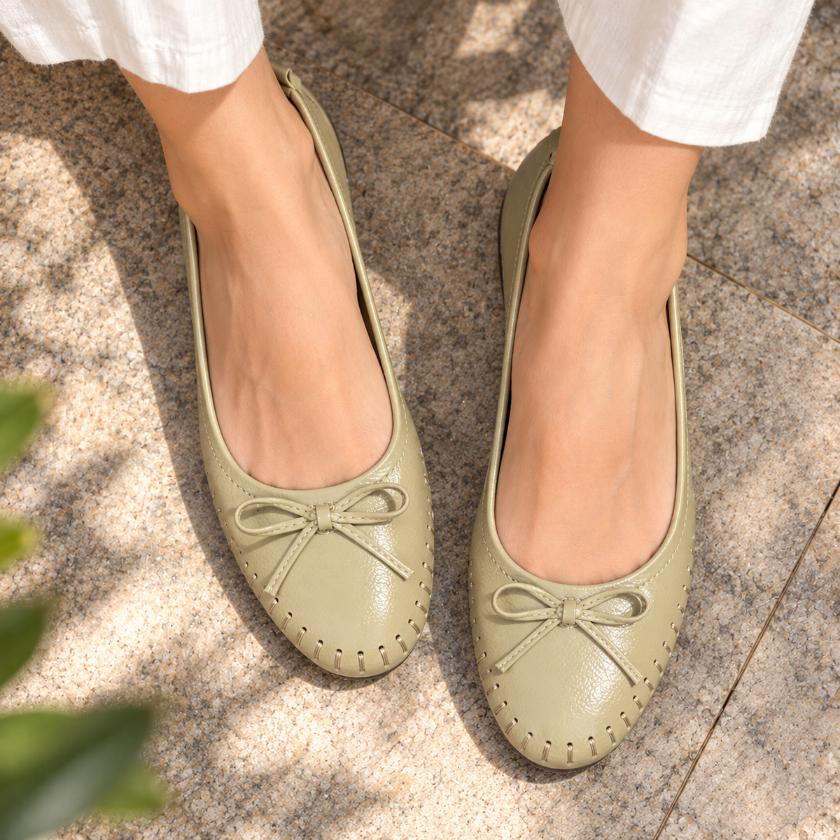 Melissa Leather Stitch Bow Flat Ballerinas in Beige - The Heels India