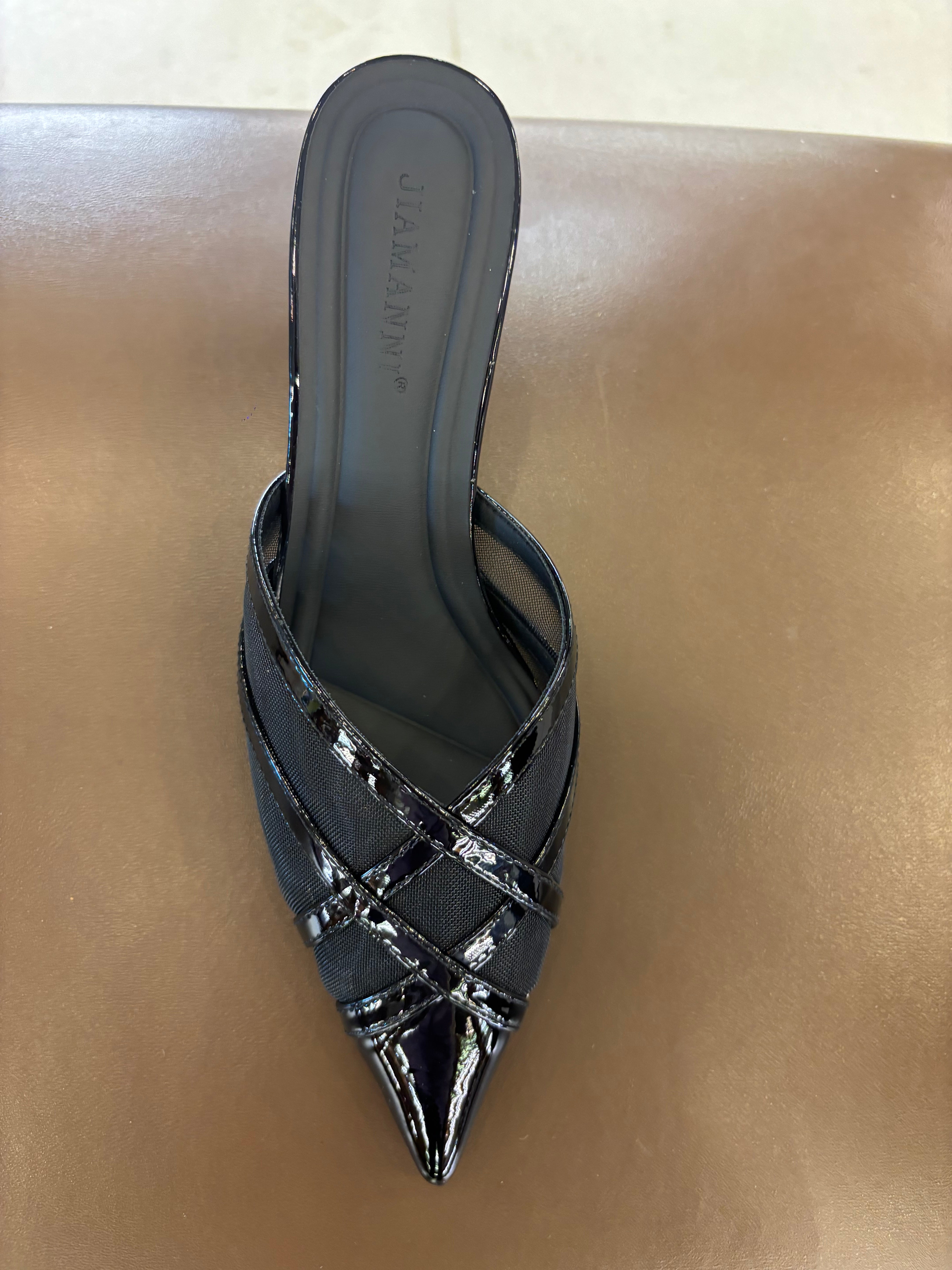 Audrey Criss Cross Back Open Mesh Patent Kitten Heel Mules