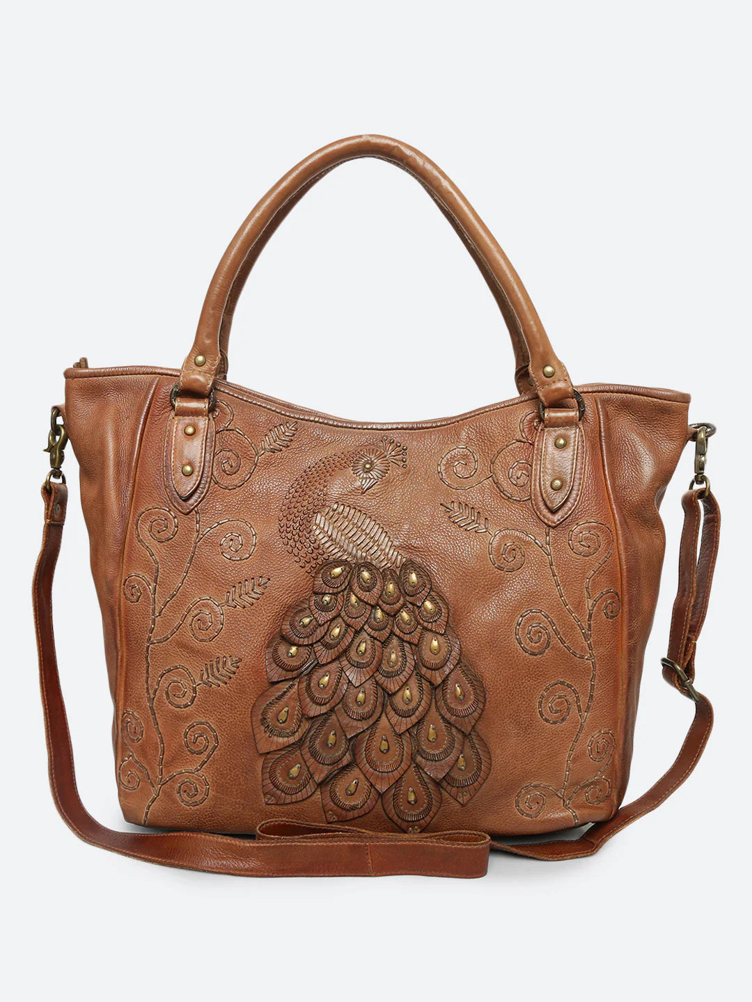 Genuine Cognac Leather Tote Bag with Patch Work