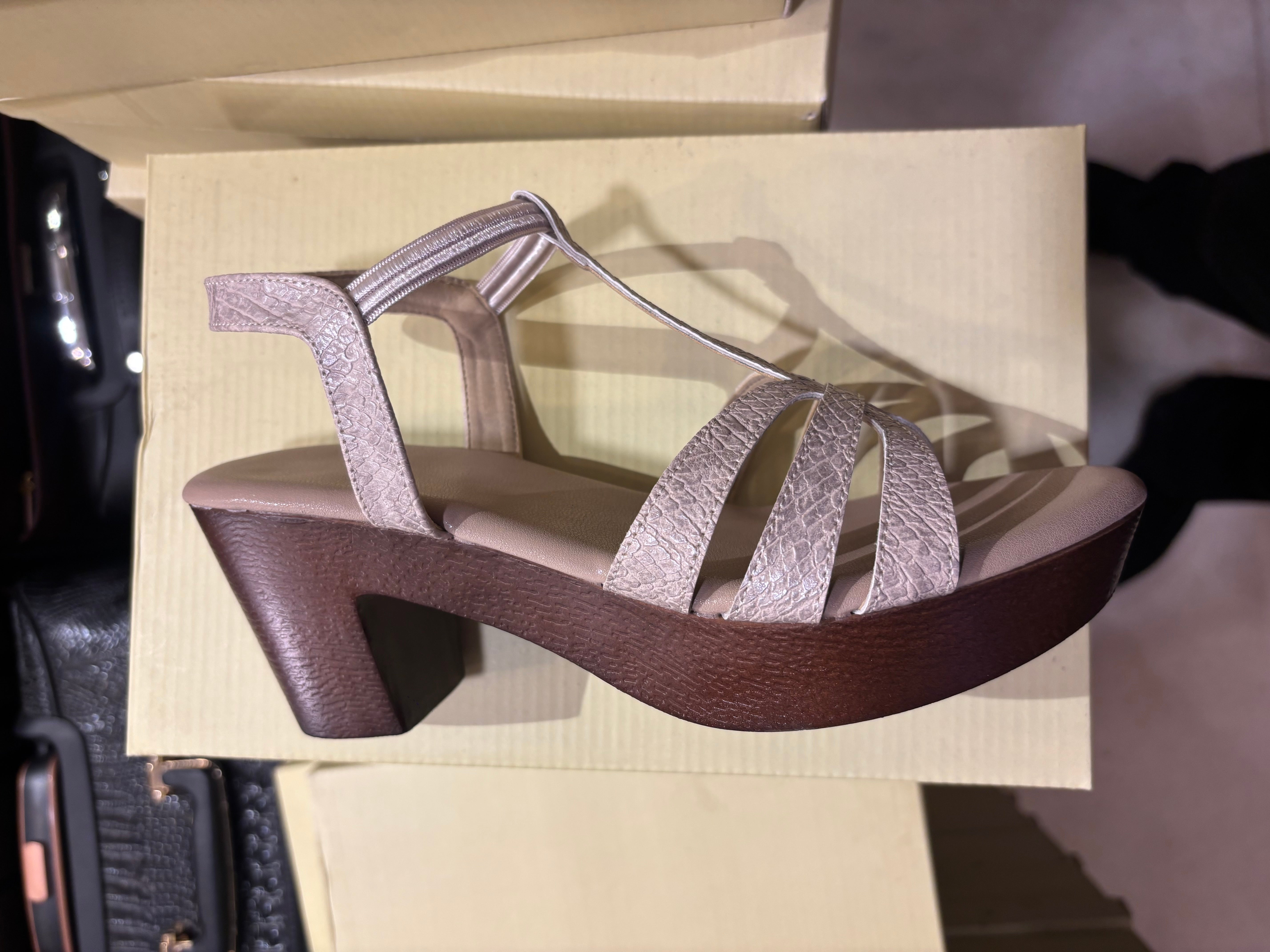 Snake Texture T-Strap Platform Block Heel Sandal – Beige