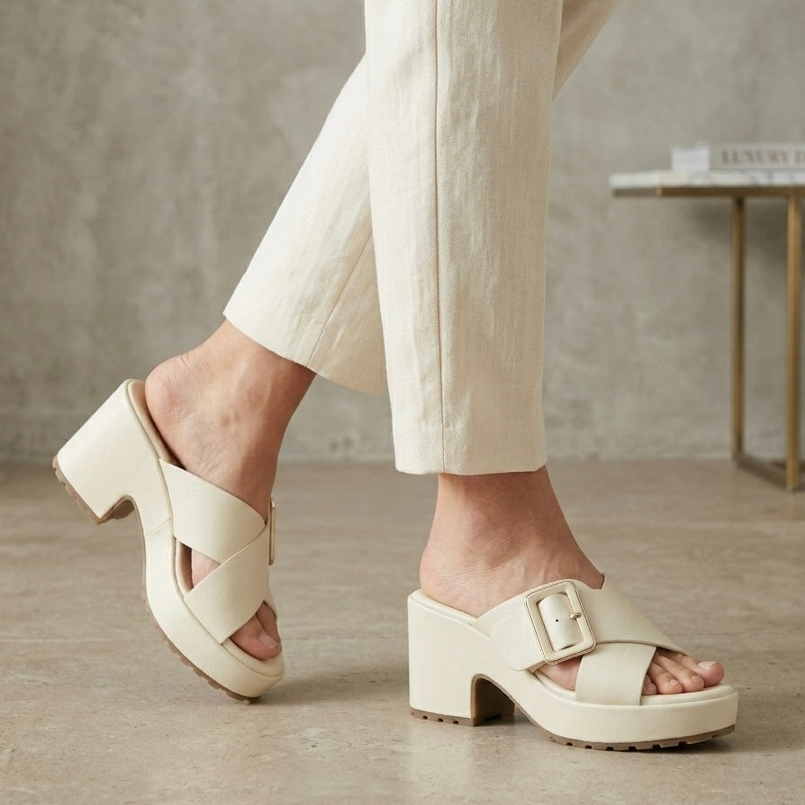 Nysa Chunky Platform Cross Peep Toe Block Heels - The Heels India