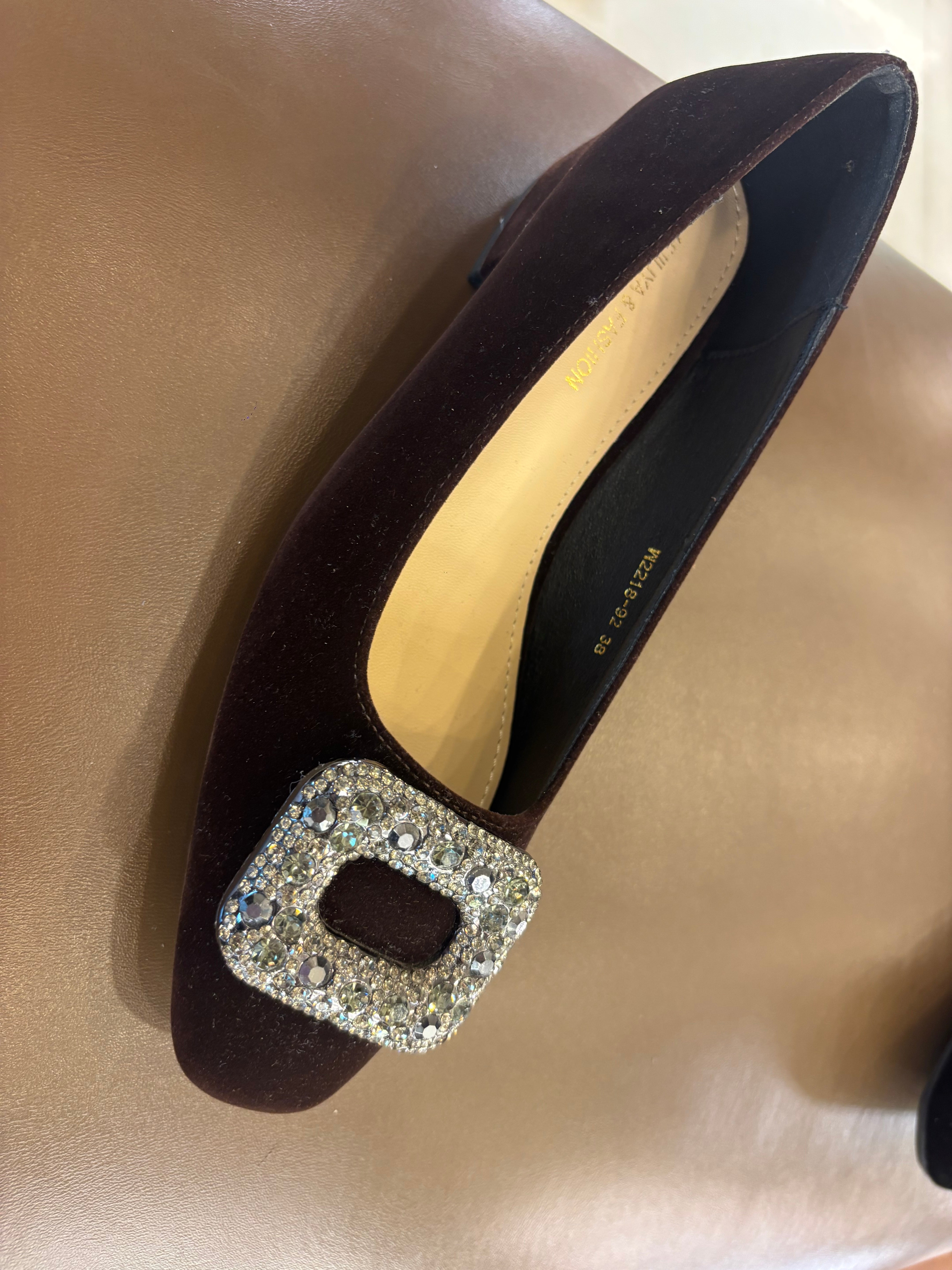 Eilish Velvet Block Heel Bling Pumps - The Heels India