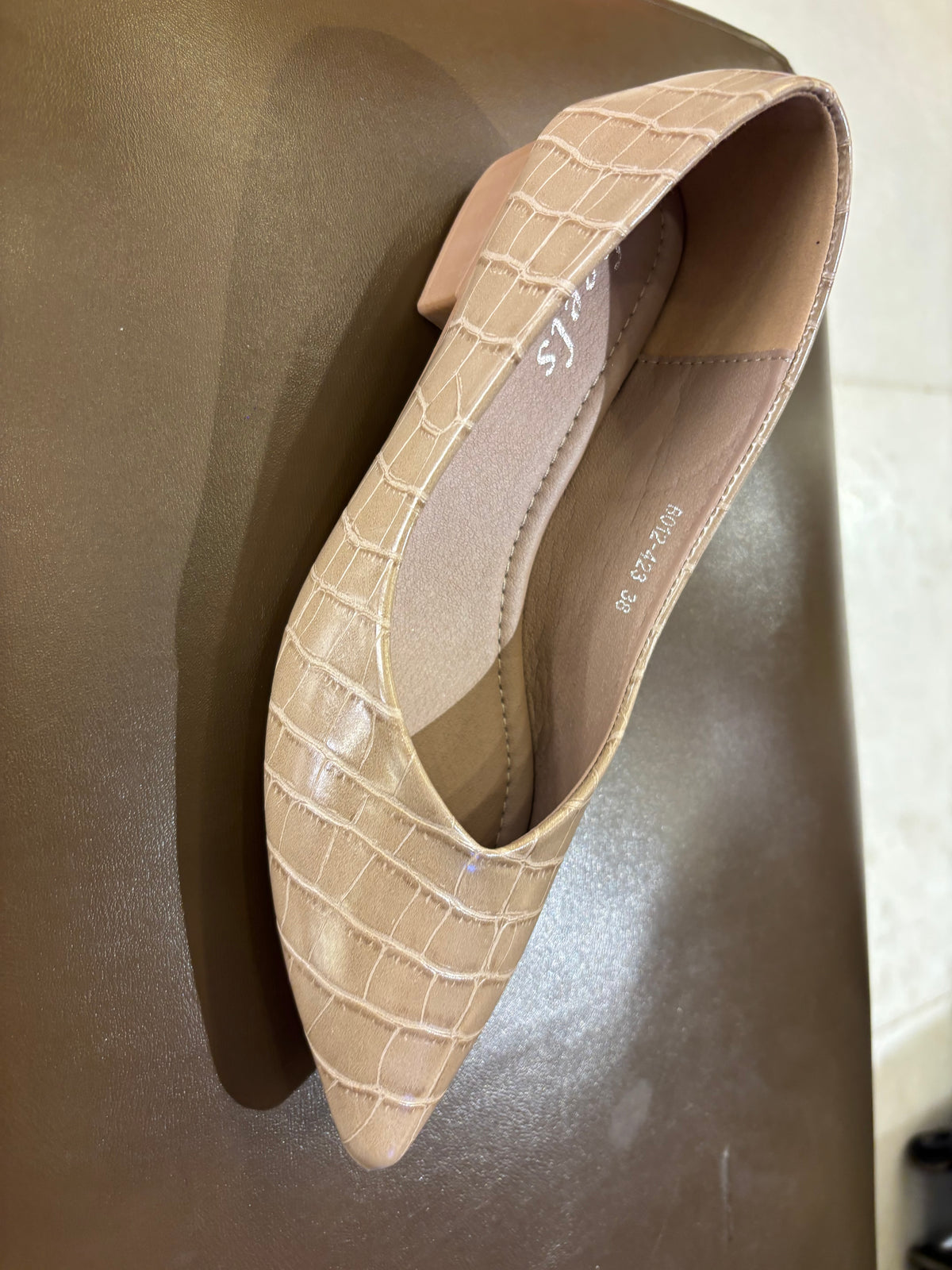 Chloe Croco Pointed Mid Heel Ballerinas in Khaki - The Heels India