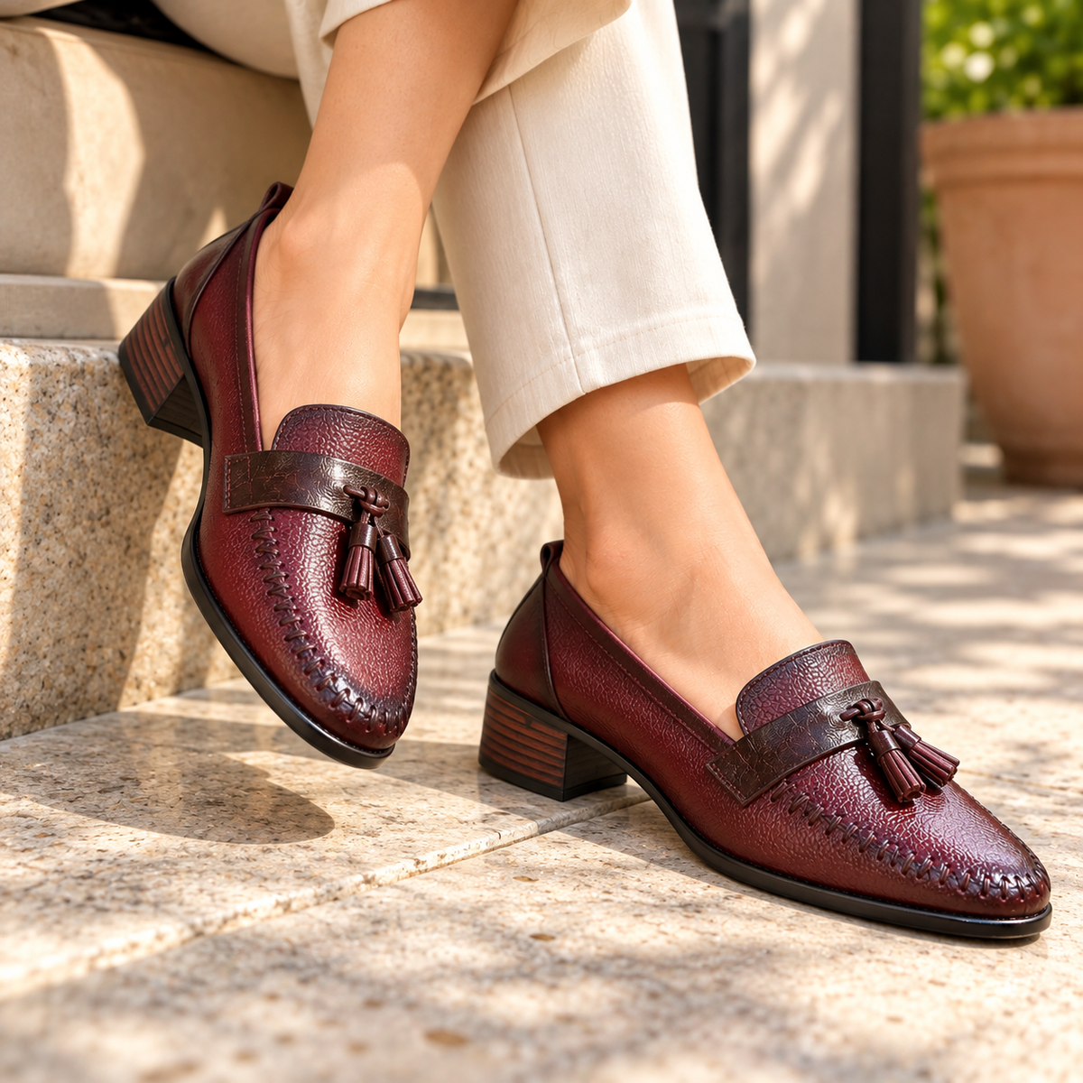 Fiona Leather Tassel Block Heel Loafers in Maroon – view 4