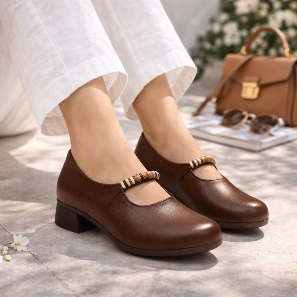 Rihanna Premium Leather Strap Mid Heel Loafers - The Heels India