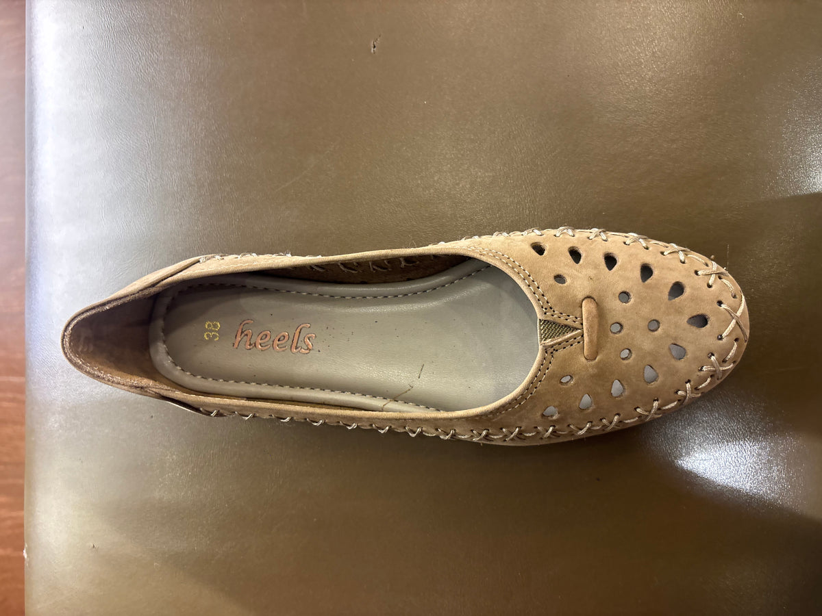 Lynda Nubuk Perforated Leather Ballerinas in Chikoo - The Heels India