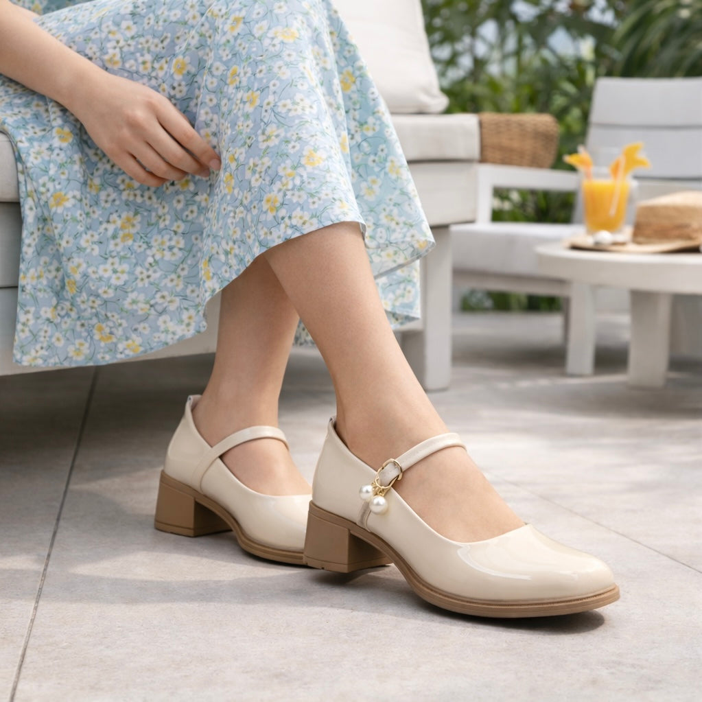 Pearl Premium Patent Mary Jane Block Heels - The Heels India